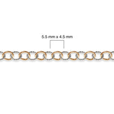 Close-up of a gold filled and silver chain with measurement details on a white background
